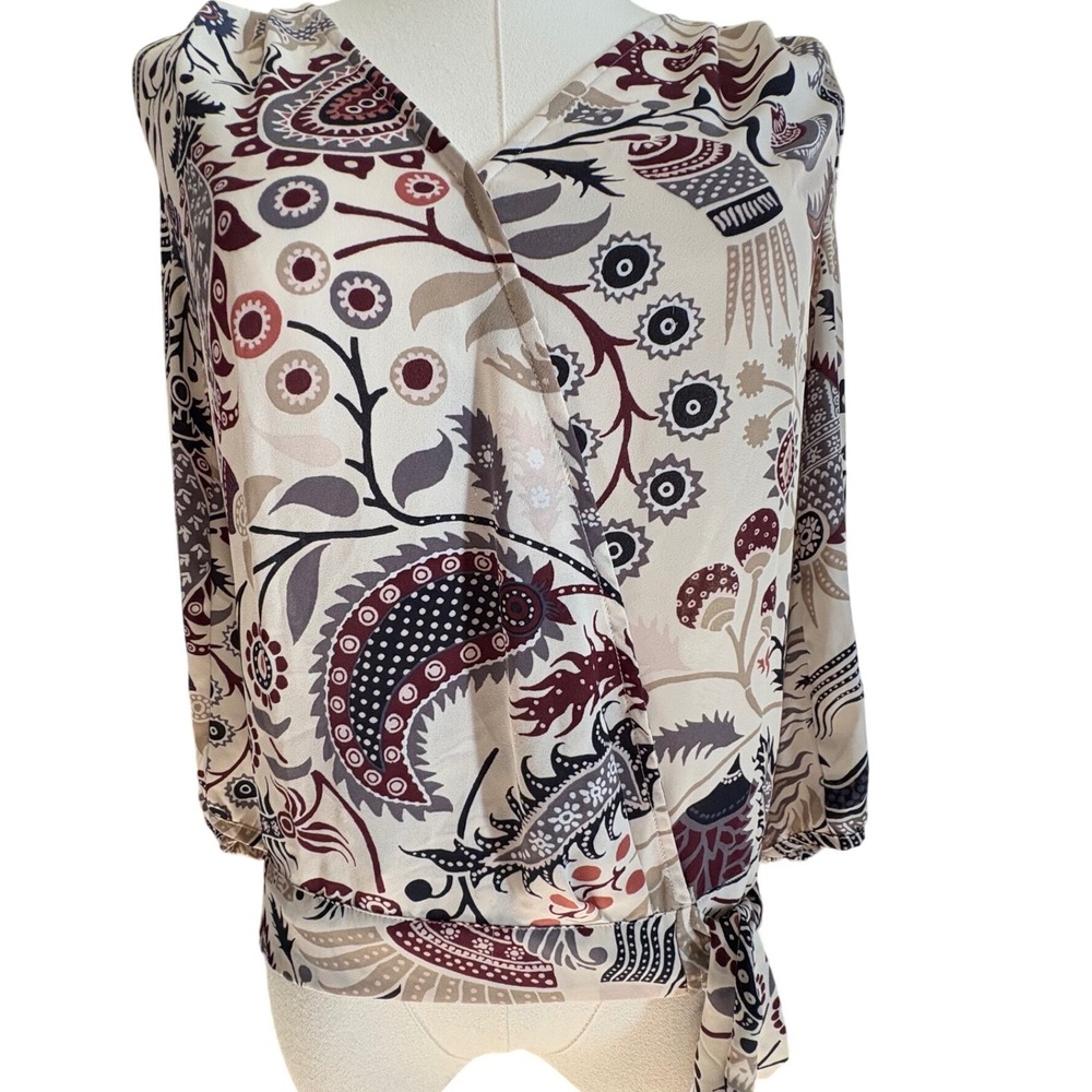 Loft Outlet Petite Paisley Floral Surplice Wrap Top Burgundy Cream XSP